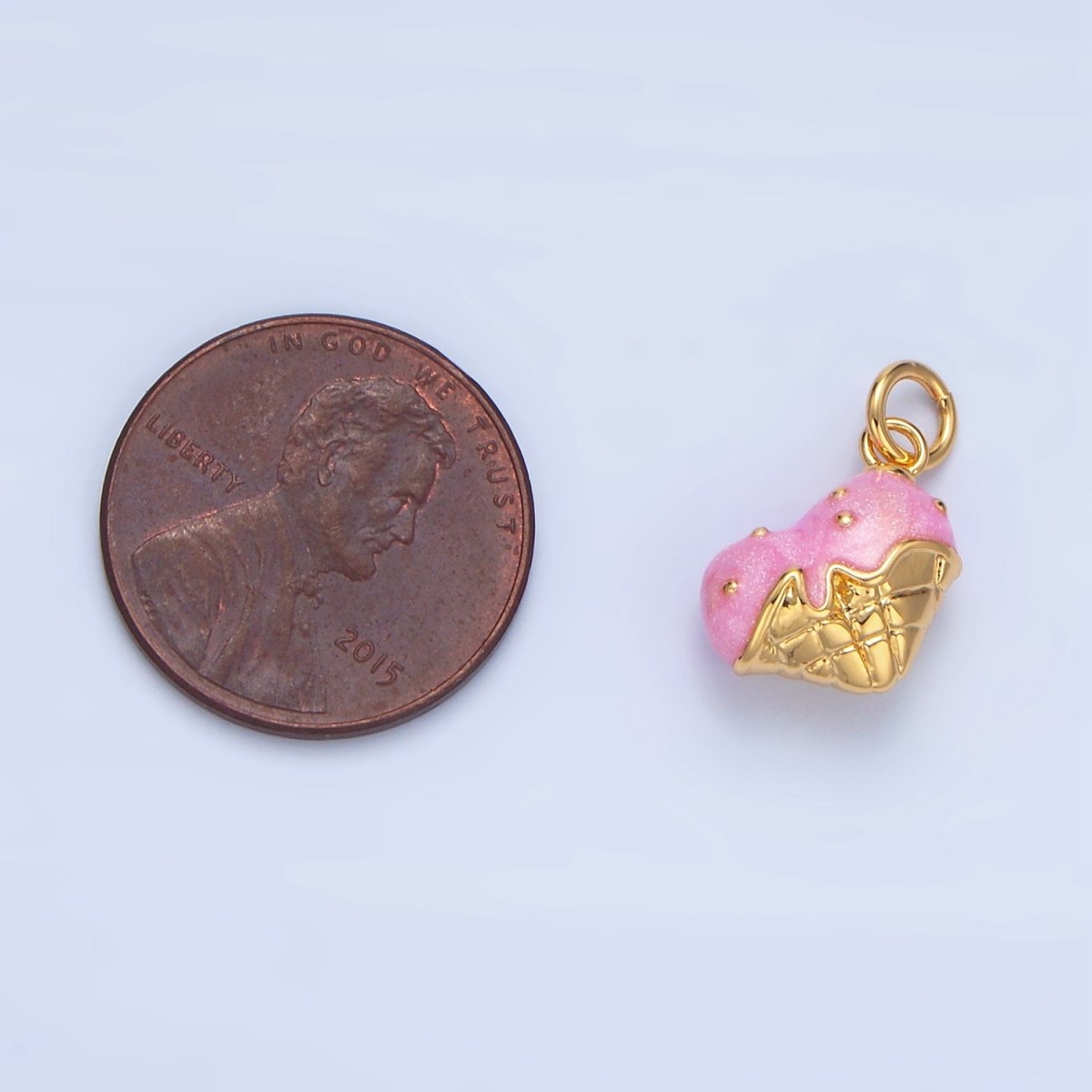 24K Gold Filled Pink Enamel Double Ice Cream Cone Desert Multidimensional Charm | X835