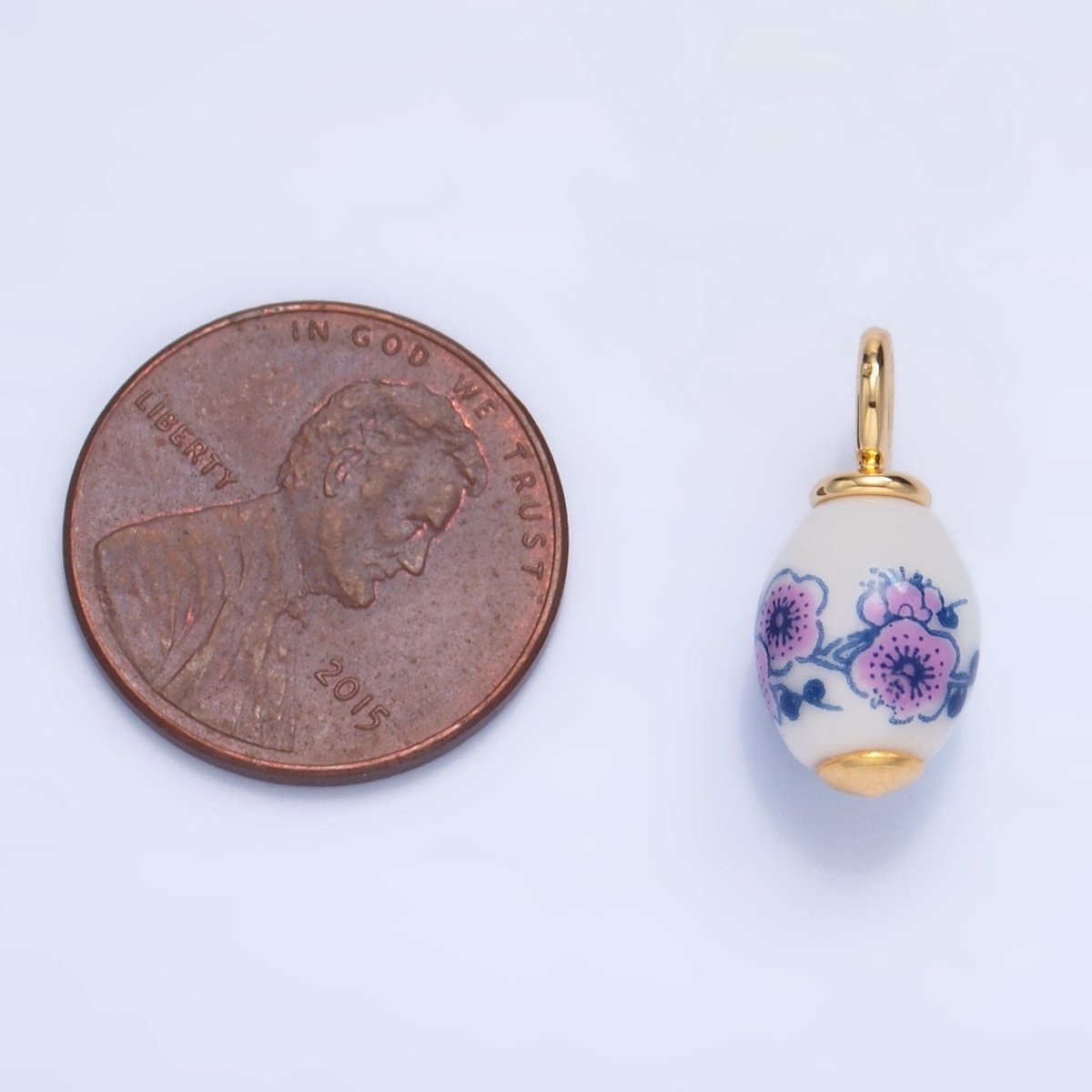 24K Gold Filled Pink Flowers White Ceramic Drop Charm | W120