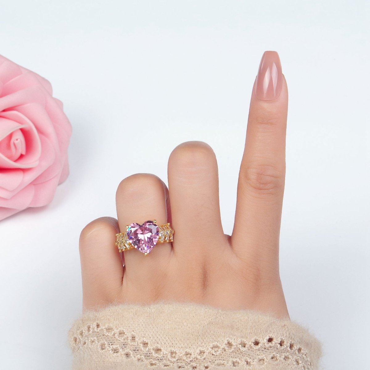 24K Gold Filled Pink Heart CZ Baguette Solitaire Ring | U350
