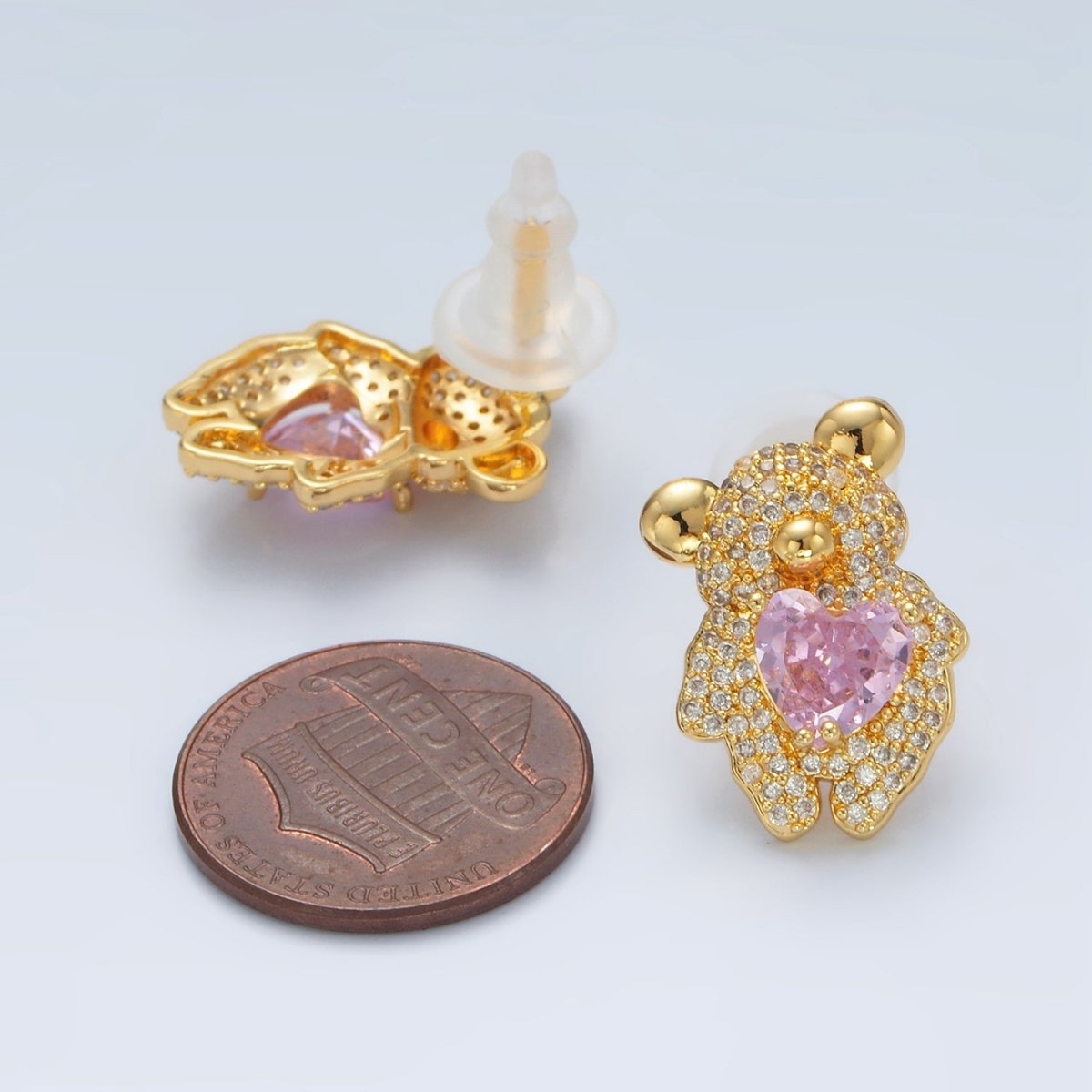 24K Gold Filled Pink Heart CZ Teddy Bear Micro Paved Stud Earrings | AB1226