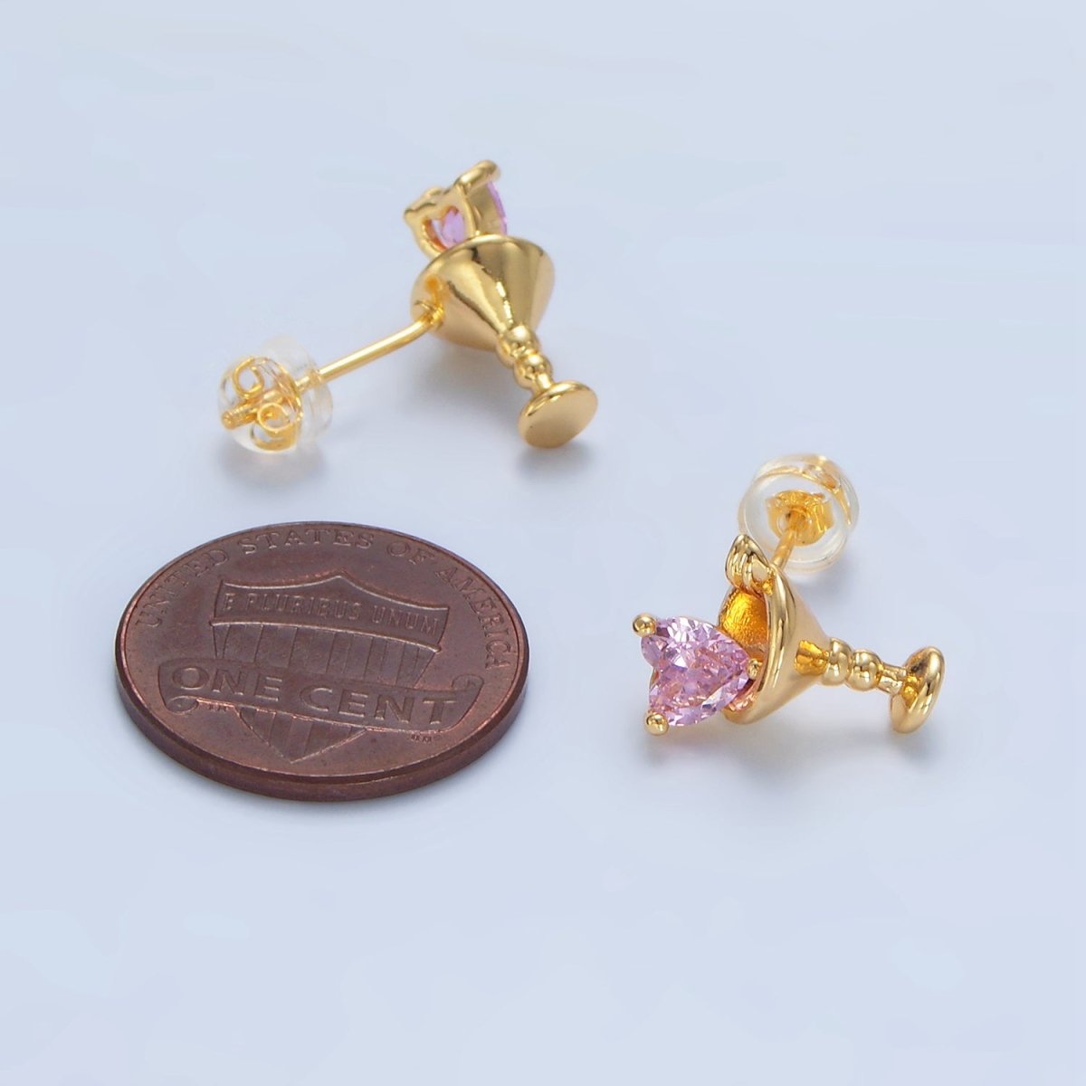 24K Gold Filled Purple, Red, Clear, Pink CZ Heart Martini Alcoholic Drink Stud Earrings | P143 P150 P163 P163
