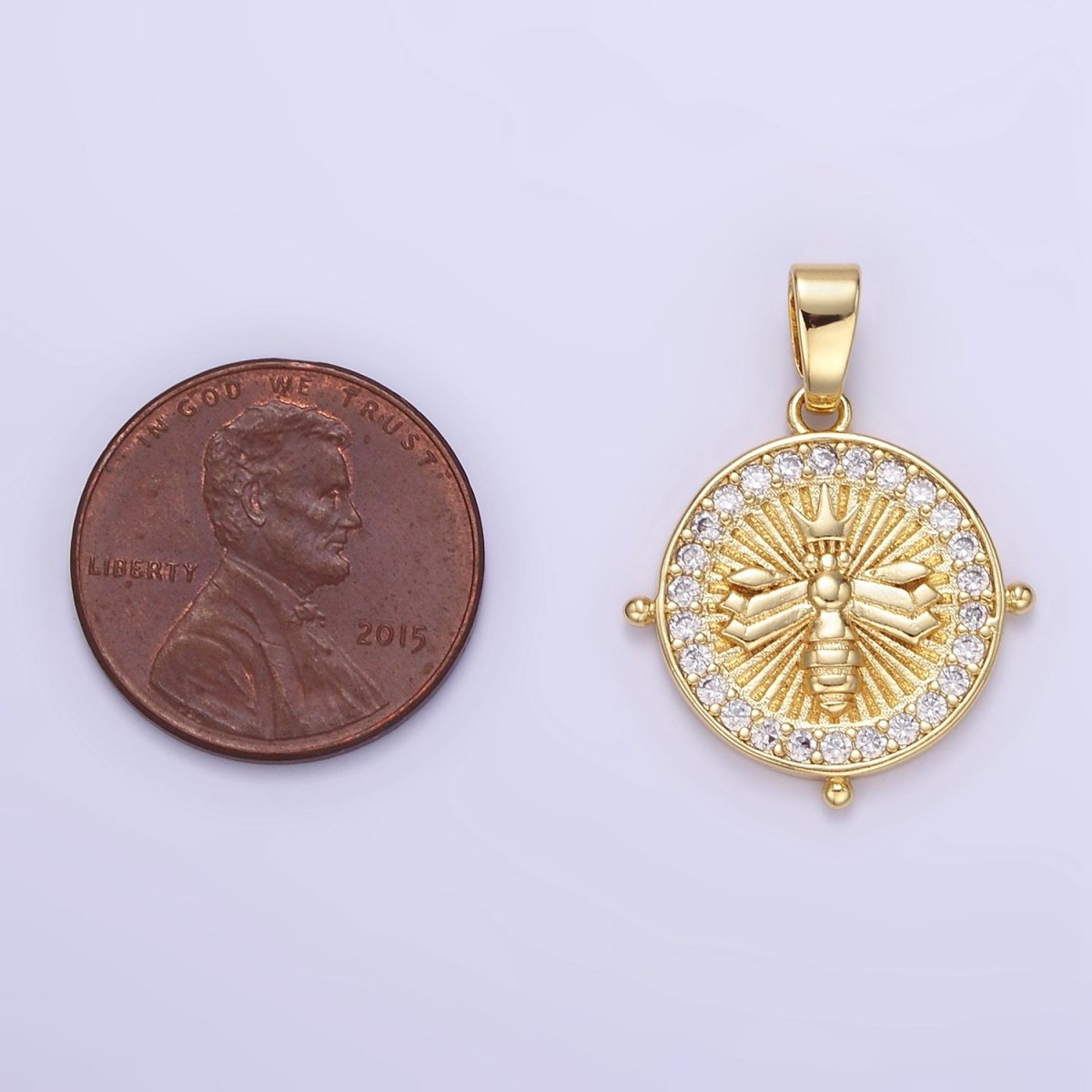 24K Gold Filled Queen Bee Sunburst Micro Paved CZ Round Pendant | AA1348