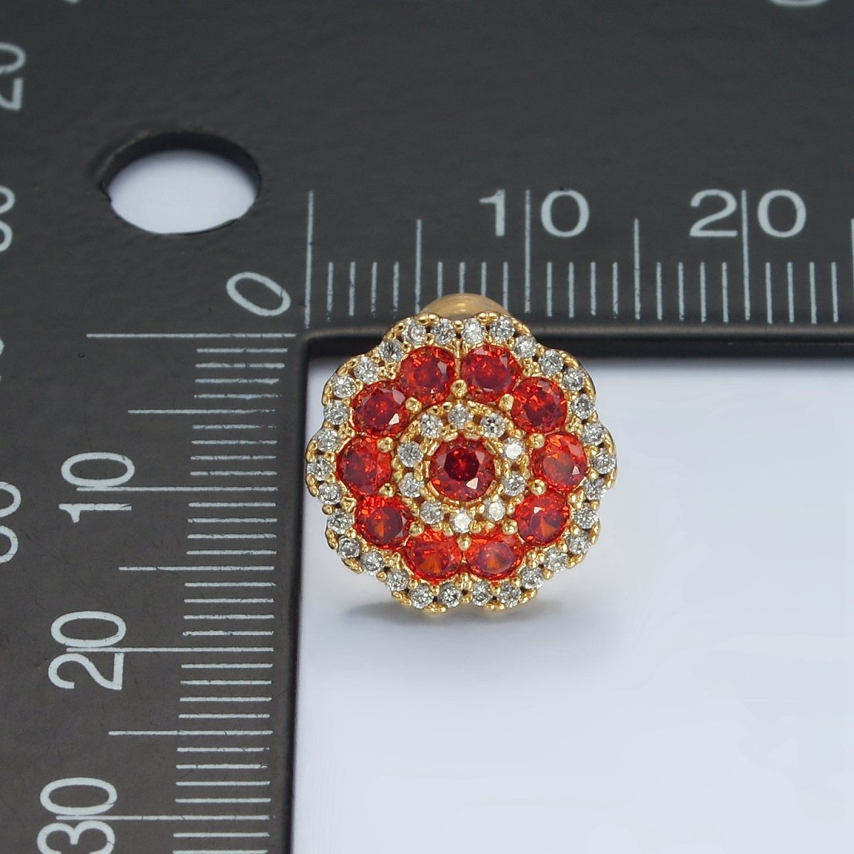24k Gold Filled Red Flower Micro Paved CZ Stud Earrings | AD753