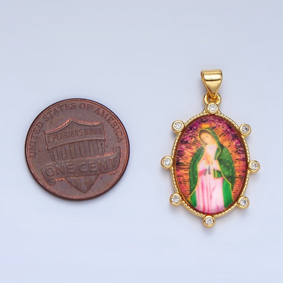 24K Gold Filled Red Lady Guadalupe Oval CZ Dotted Bezel Pendant | AA123