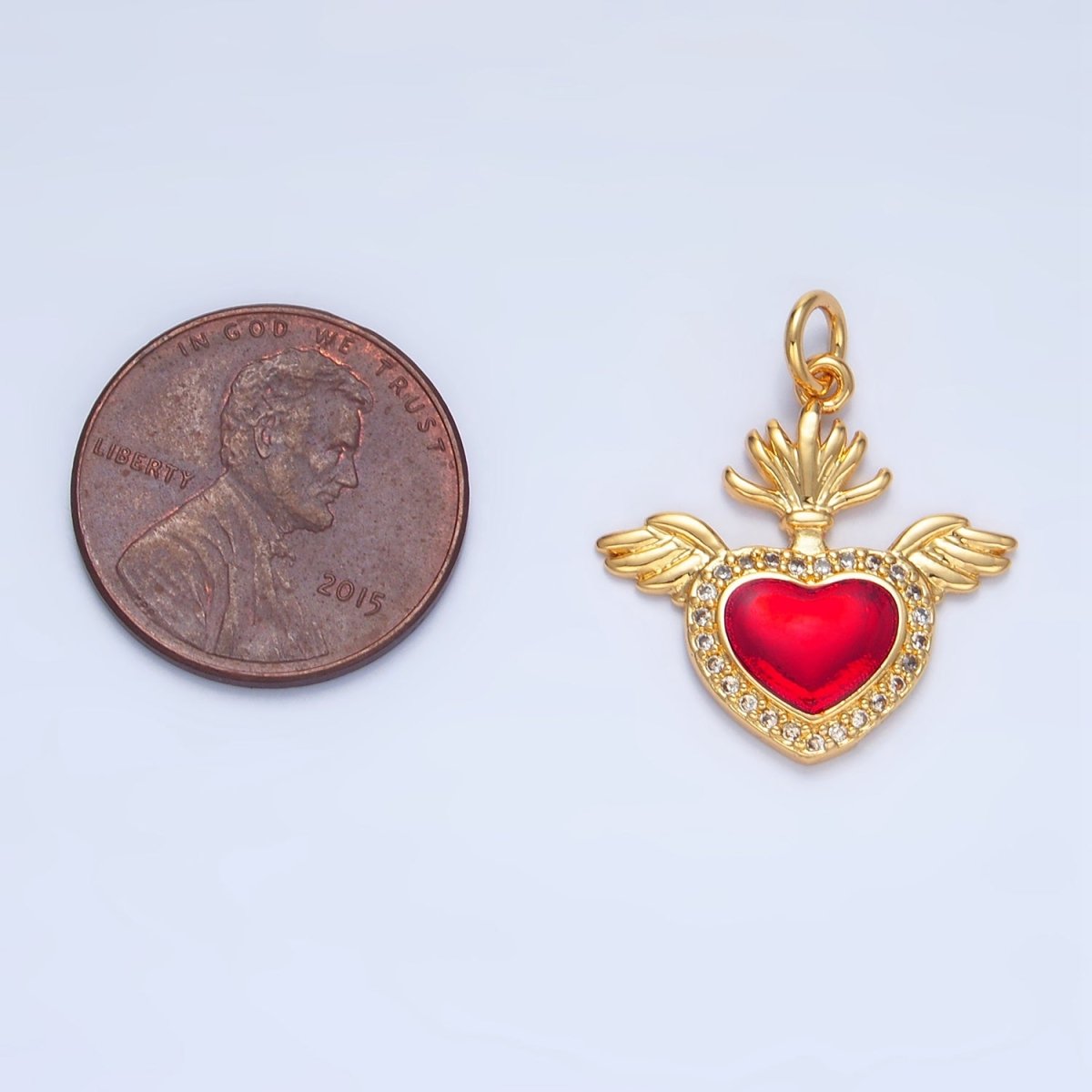 24K Gold Filled Red Micro Paved CZ Sacred Heart Wings Charm | X866
