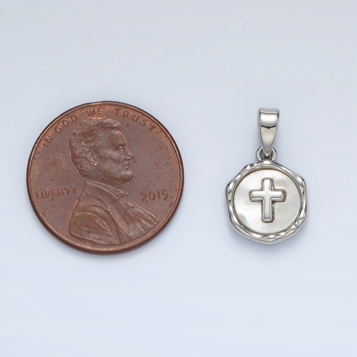 24K Gold Filled Religious Cross Shell Pearl Stamped Bezel Pendant in Gold & Silver | AA1521