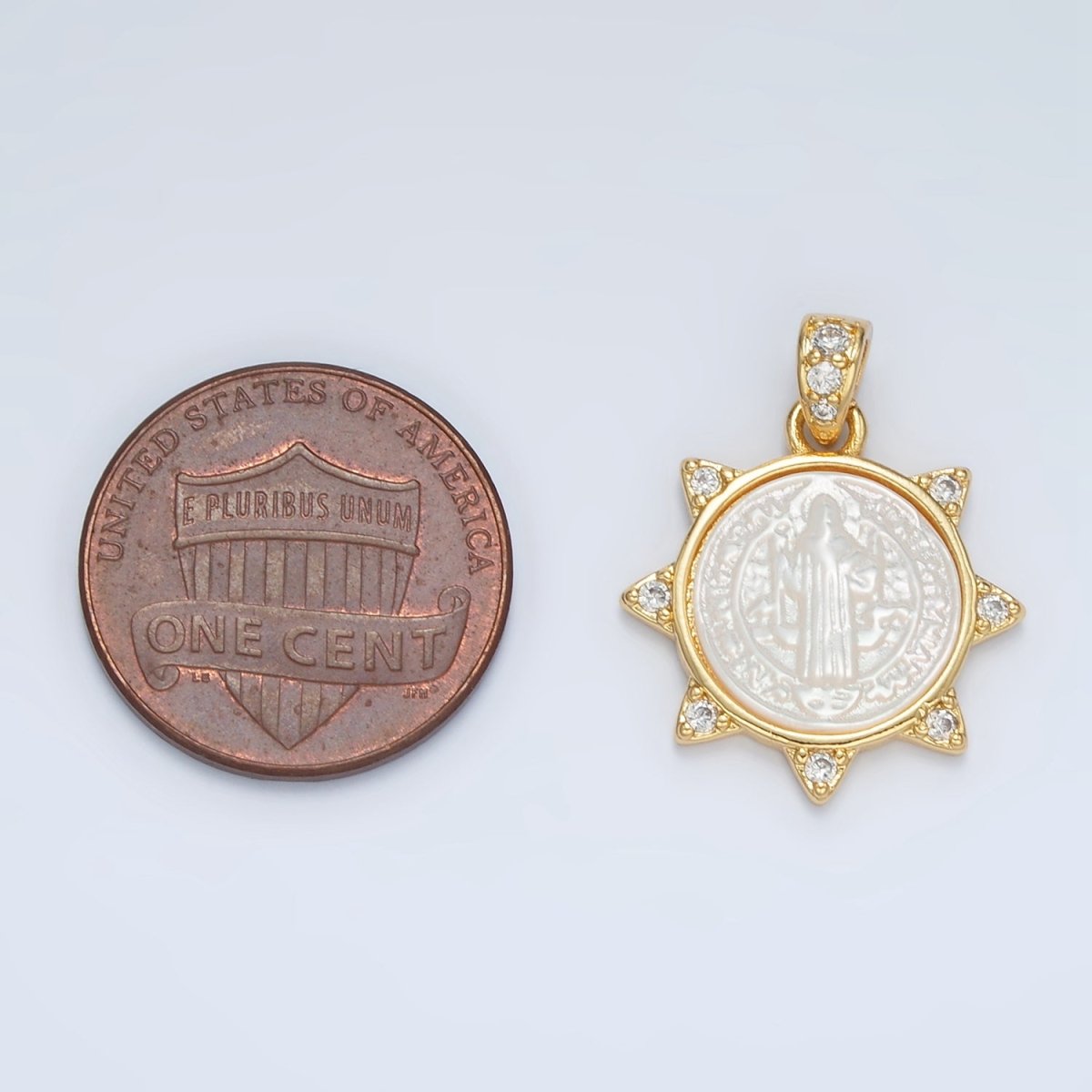 24K Gold Filled Religious Figure Saint Benedict Micro Paved Shell Pearl Sun Pendant | AA1373