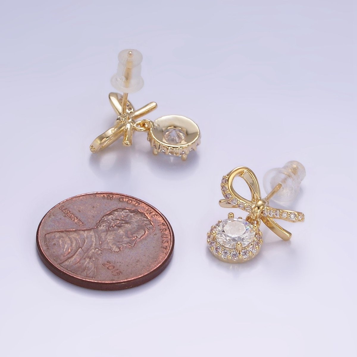 24K Gold Filled Round CZ Drop Micro Paved Ribbon Bow Stud Earrings in Gold & Silver | V525