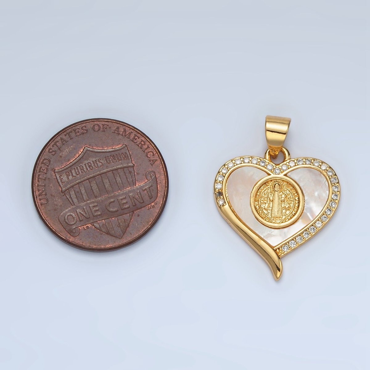 24K Gold Filled Saint Jude Religious Figure Shell Pearl Micro Paved CZ Heart Pendant | I175