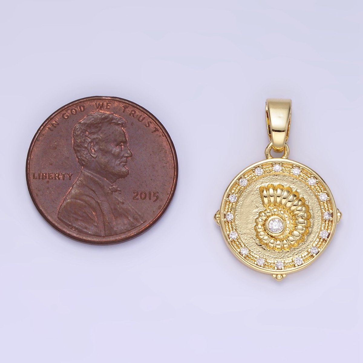 24K Gold Filled Sea Shell Clear CZ Round Pendant | AA1341