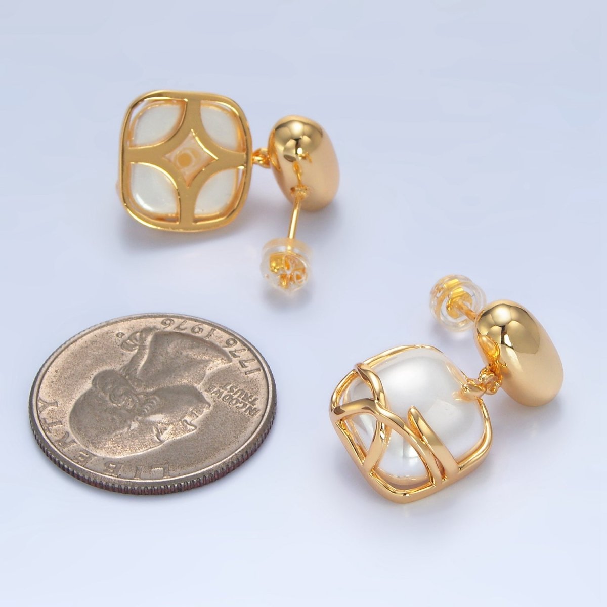 24K Gold Filled Shell Pearl Band Square Rectangle Drop Stud Earrings | P034
