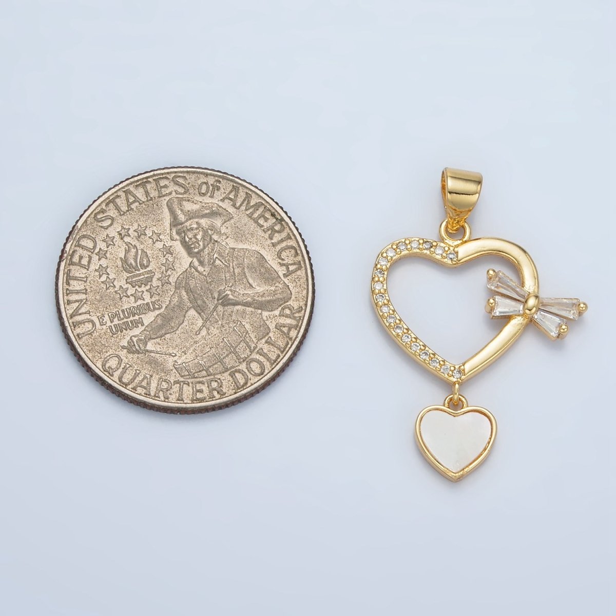 24K Gold Filled Shell Pearl Micro Paved CZ Baguette Bow Heart Drop Pendant | AA866