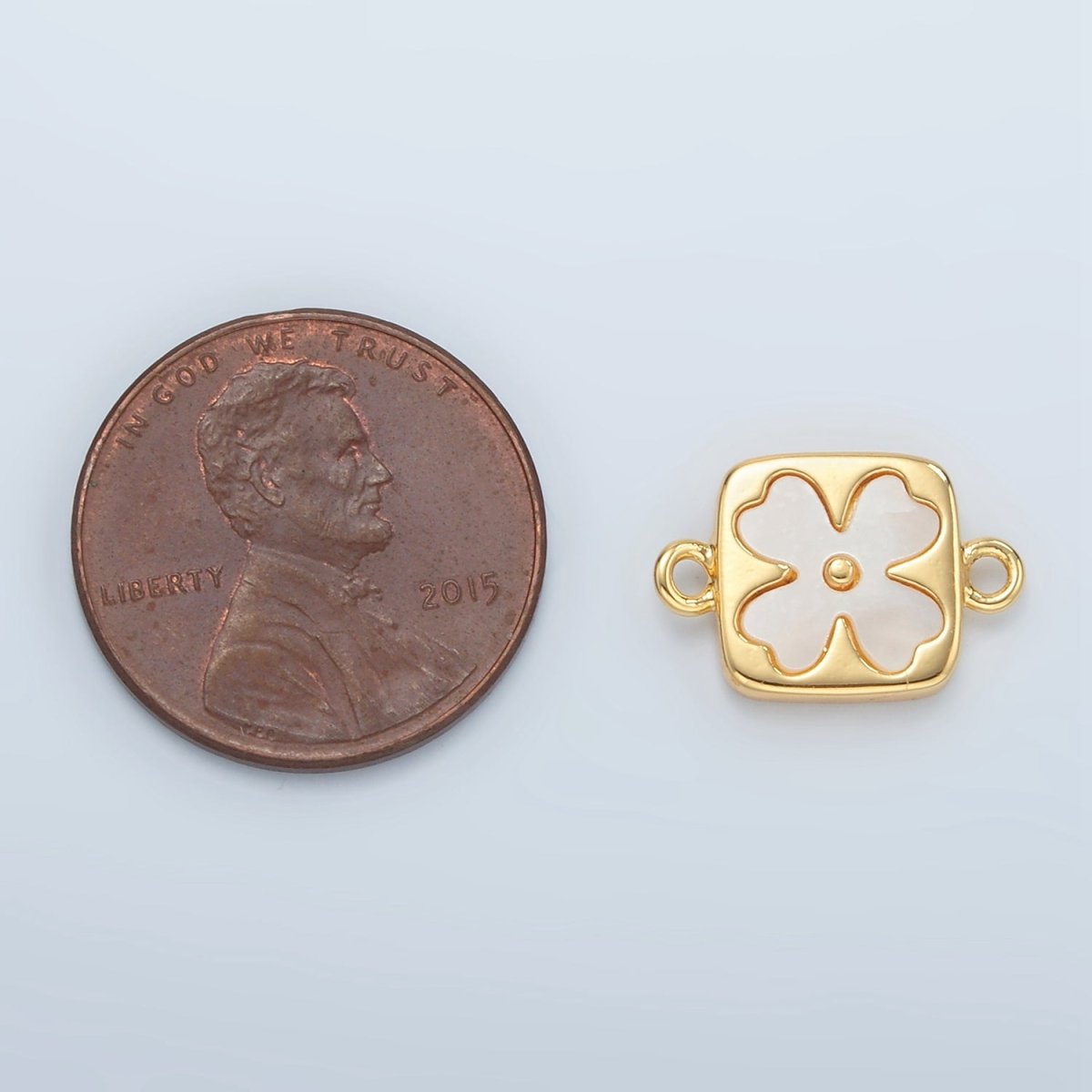 24K Gold Filled Shell Pearl Quatrefoil Flower Square Bezel Connector | F012