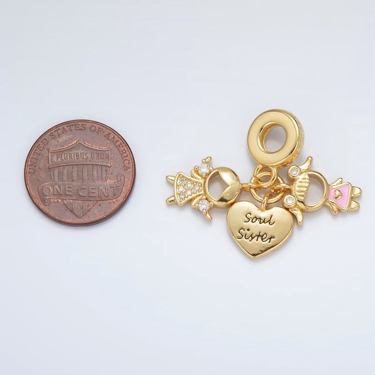 24K Gold Filled Sisterhood "Soul Sister" Micro Paved Enamel Rhondelle Bail Triple Drop Pendant | AC085