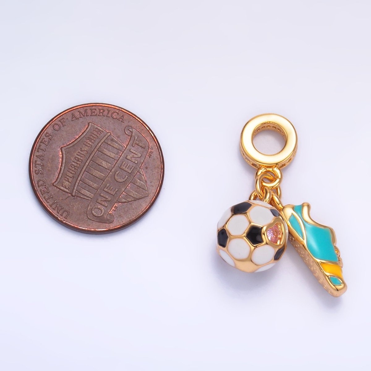 24K Gold Filled Sports Soccer Ball Shoes Enamel Micro Paved CZ Rhondelle Drop Pendant | W334