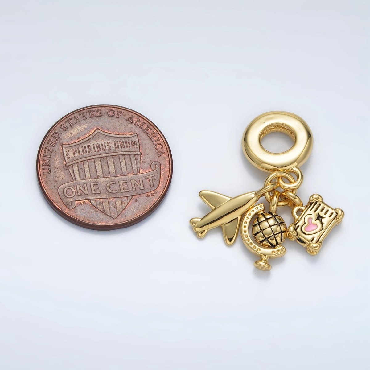 24K Gold Filled Suitcase Globe Airplane Rhondelle Bail Triple Travel Drop Pendant | AC088