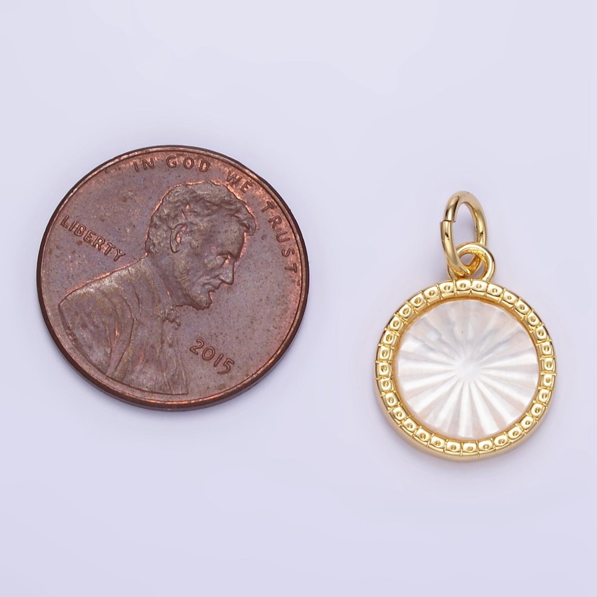 24K Gold Filled Sunburst Shell Pearl Bezel Round Charm | E354