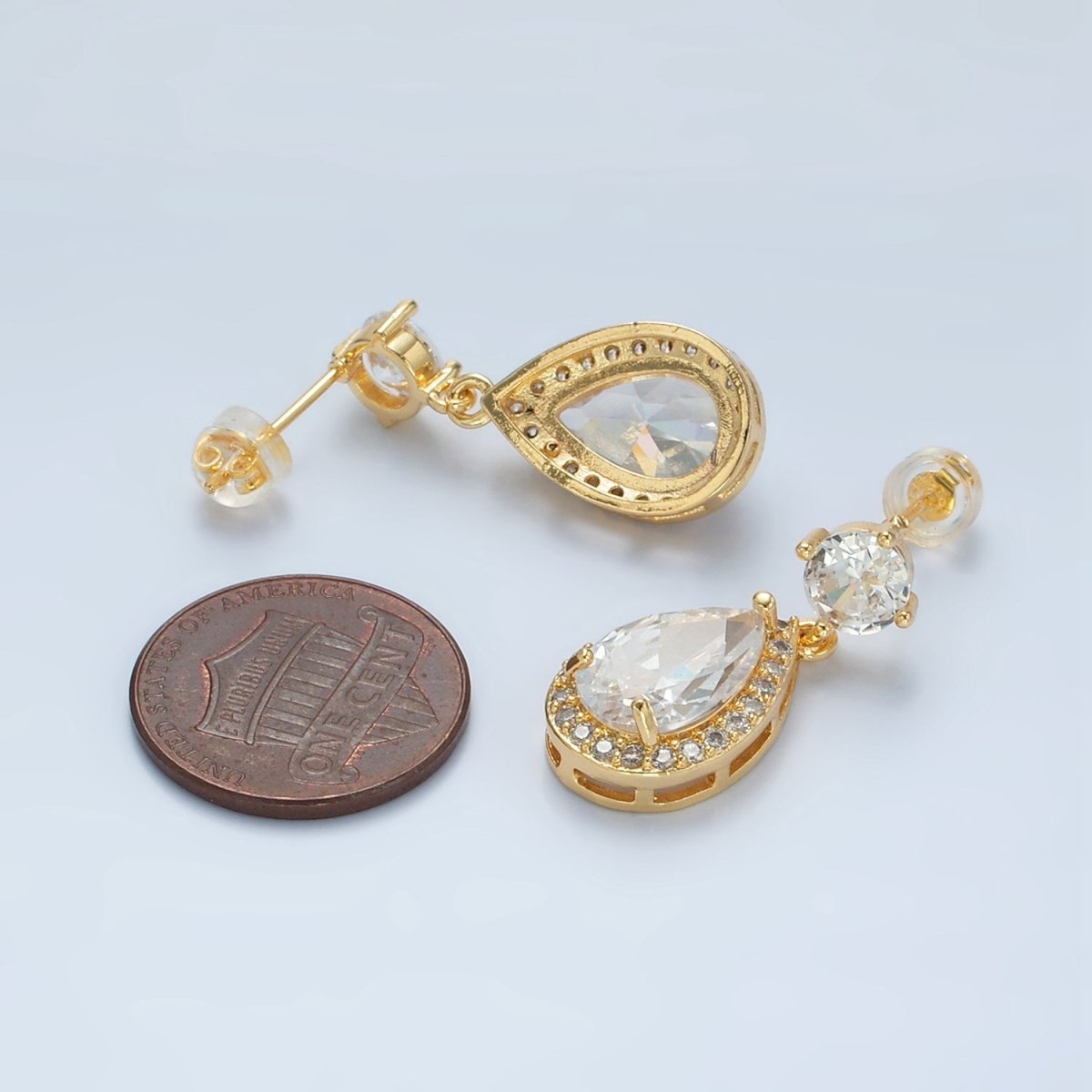24K Gold Filled Teardrop Micro Paved CZ Drop Stud Earrings | AD752