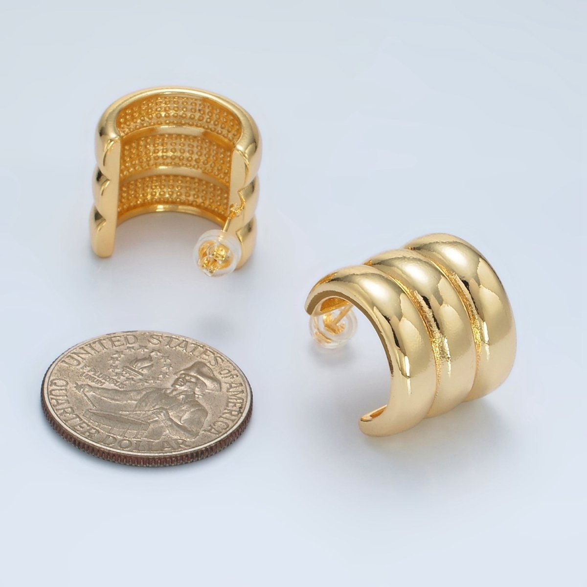 24K Gold Filled Triple Band C-Shaped Hoop Earrings | Q363