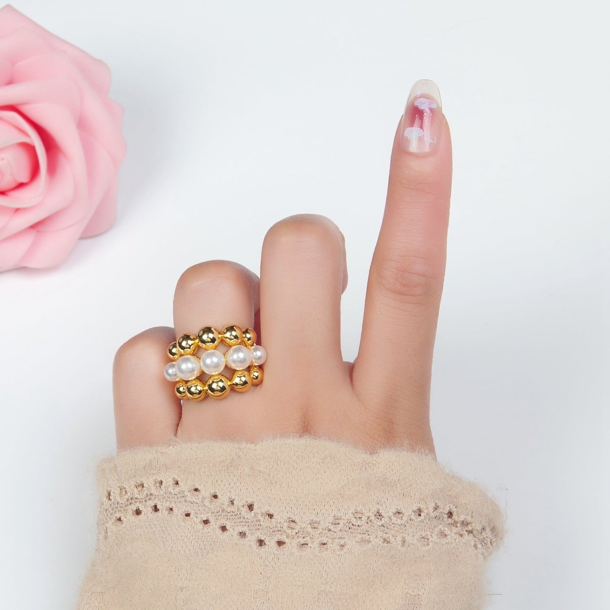 24K Gold Filled Triple Beaded Bubble Shell Pearl Ring | O1398