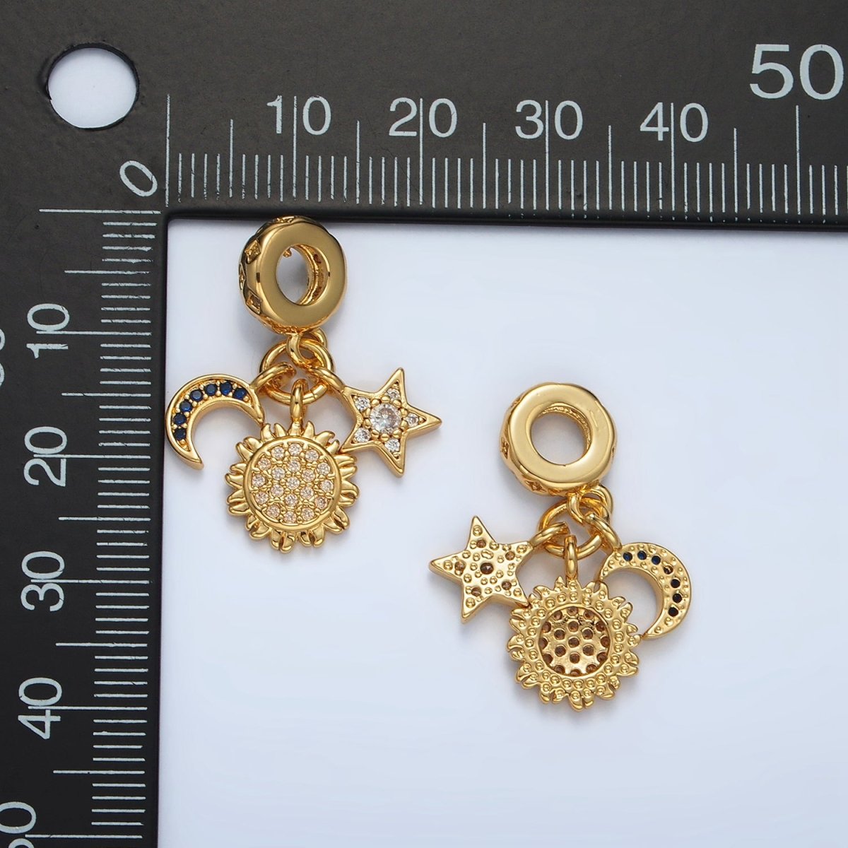 24K Gold Filled Triple Celestial Sun Star Crescent Moon Micro Paved CZ Rhondelle Bail Drop Pendant | AC082
