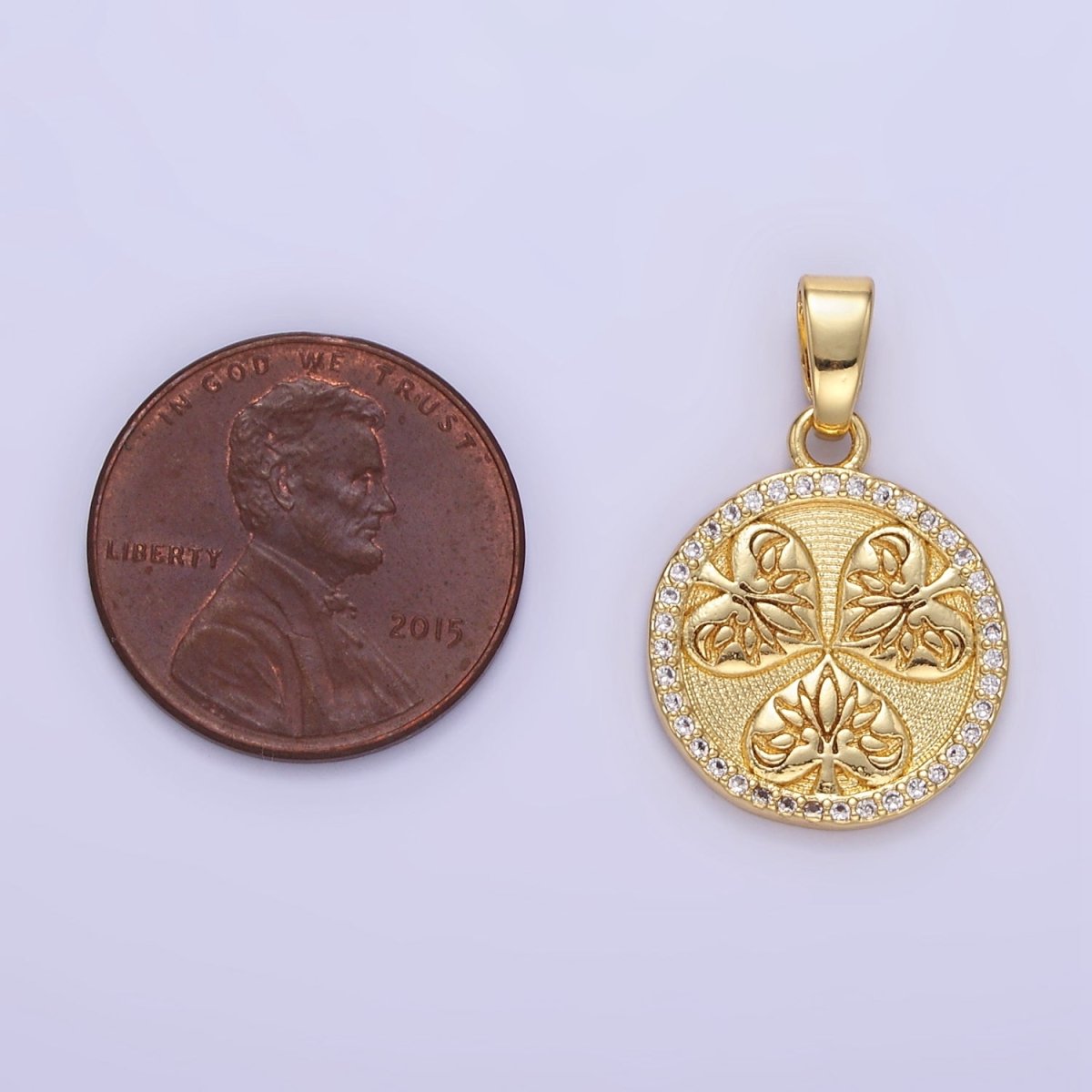 24K Gold Filled Triple Leaves Textured Micro Paved CZ Round Pendant | AA1353