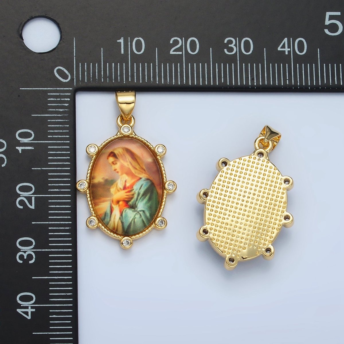 24K Gold Filled Virgin Mother Mary Cubic Zirconia Oval Religious Pendant | AA-074