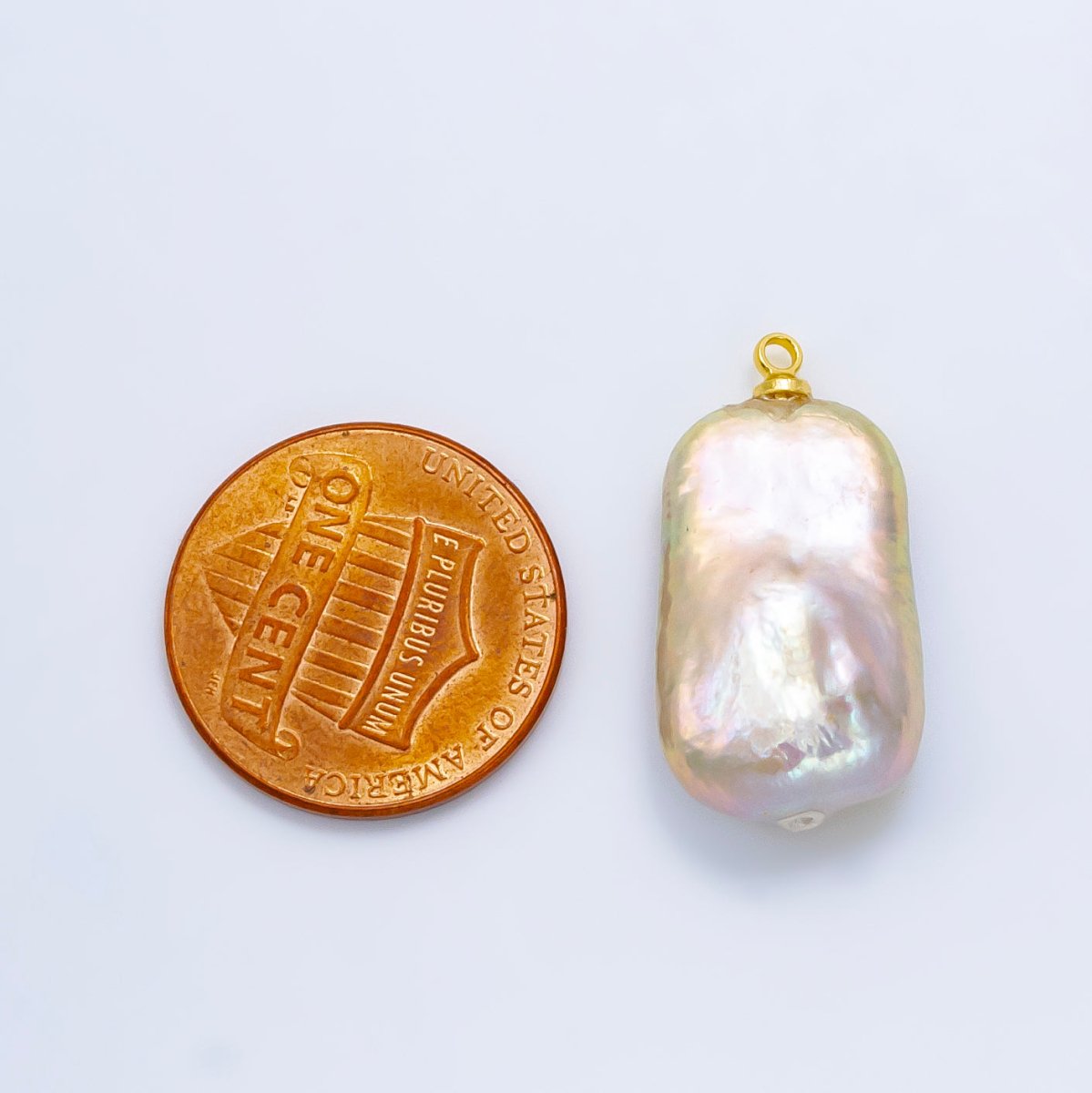 24K Gold Filled White Iridescent Rectangle Biwa Freshwater Pearl Charm | P1907