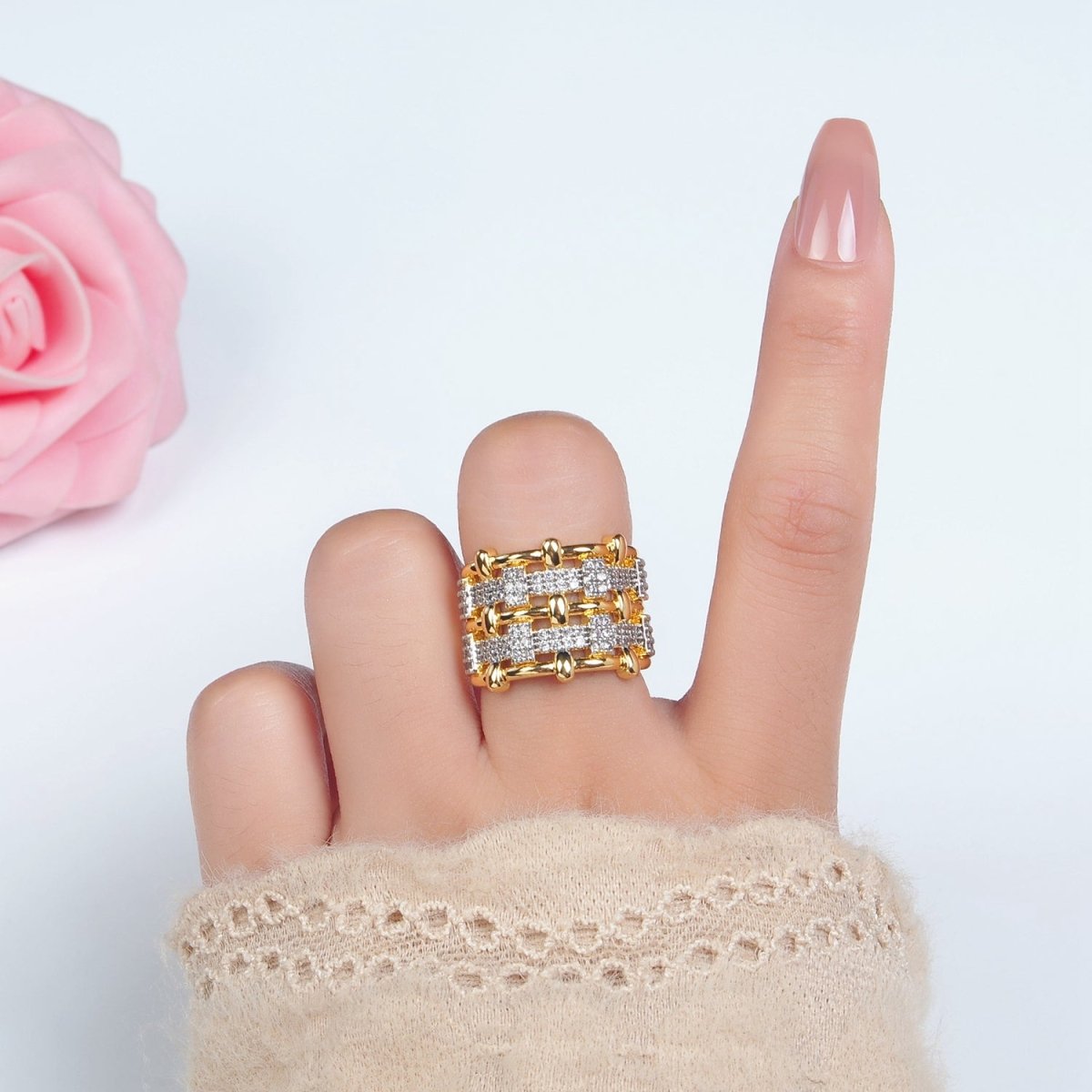 24K Gold Filled Woven Micro Paved CZ Multiple Band Mixed Metal Ring | O1406