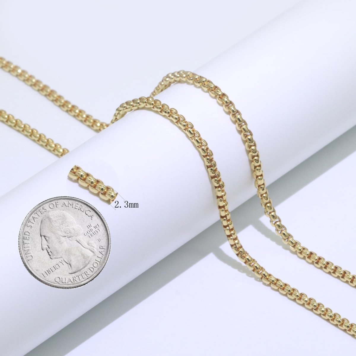 24K Gold Link Rollo Cable Chain by Yard, Square Link Chain by Yard, Width 2.3mm, Roll-540
