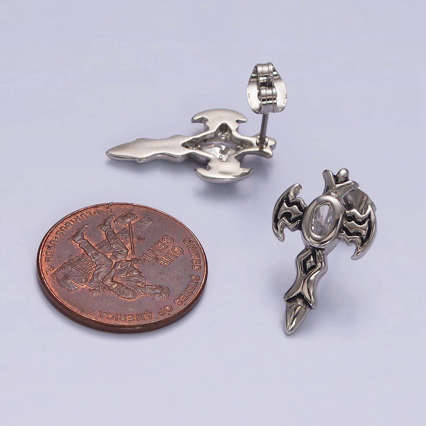 Stainless Steel Clear Oval CZ Artisan Cross Bat Wings Stud Earrings | AE693