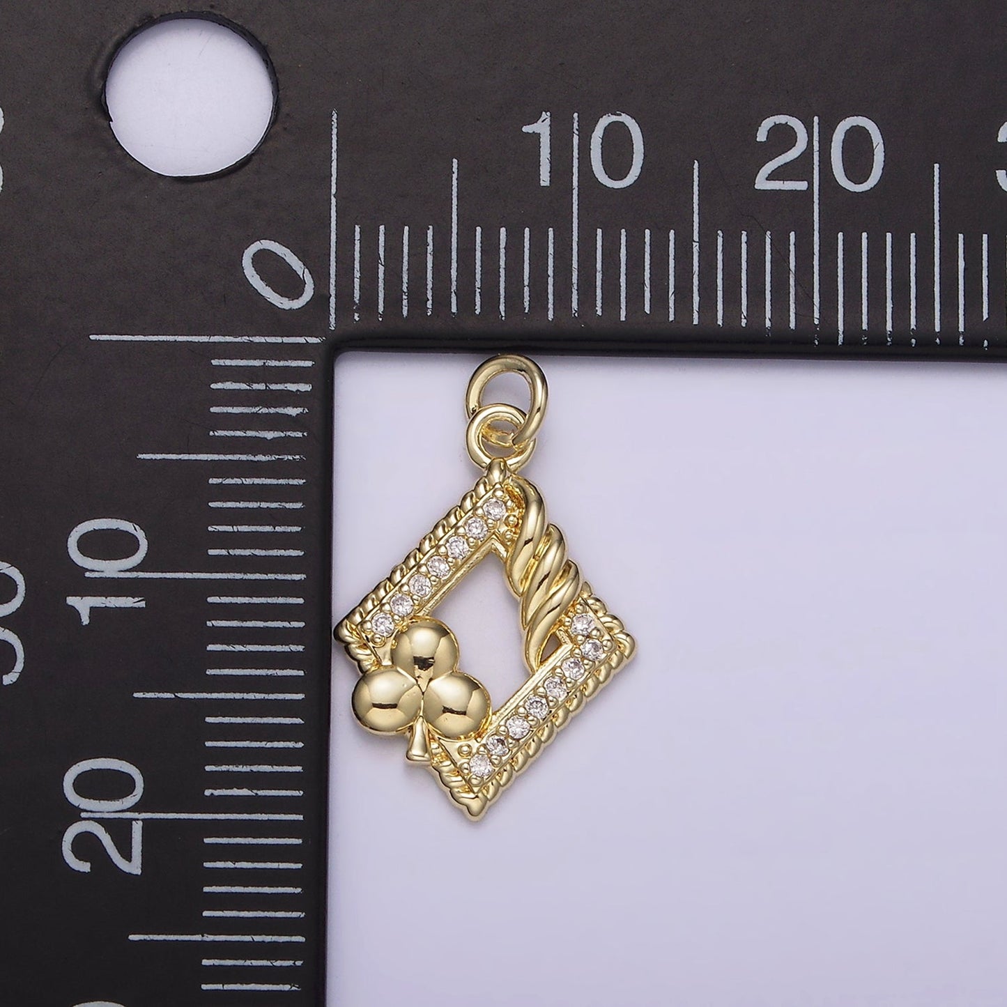 14K Gold Filled Open Frame Rhombus Clover Micro Paved Twisted Clubs Card Charm | AG258