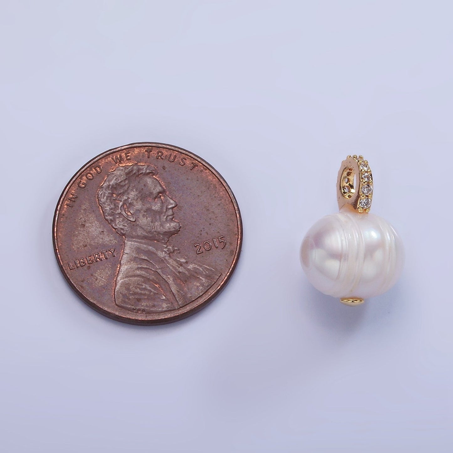 14K Gold Filled Ringed Button Freshwater Pearl Micro Paved CZ Bail Drop Pendant | P1708