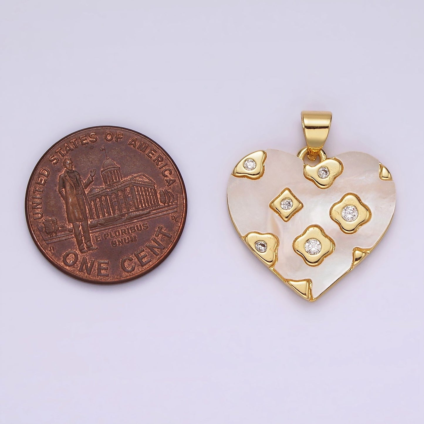 14K Gold Filled CZ Geometric Dotted Shell Pearl Heart Pendant | AH130