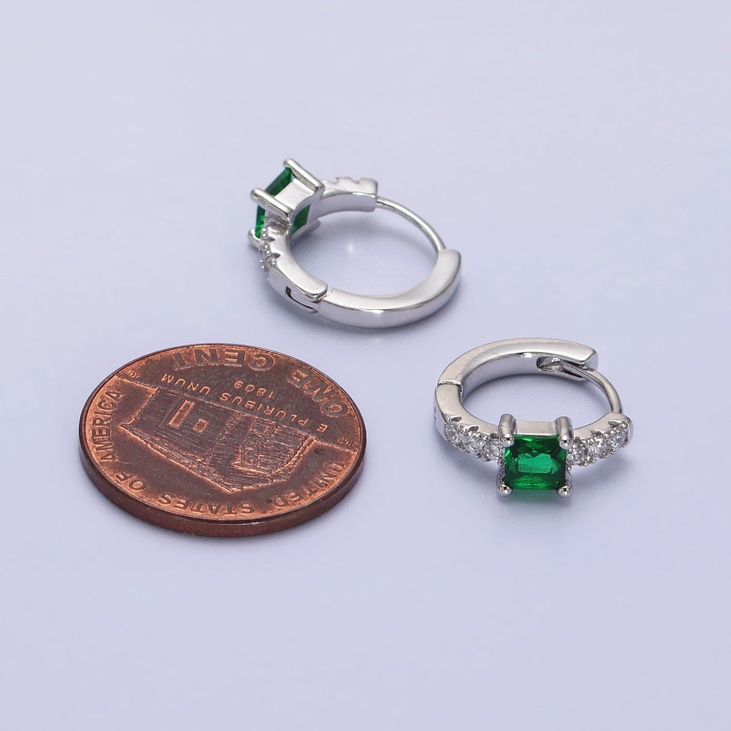 16K Gold Filled Emerald Green Square CZ Micro Paved Cartilage Huggie Earrings in Gold & Silver | AB815 AB657