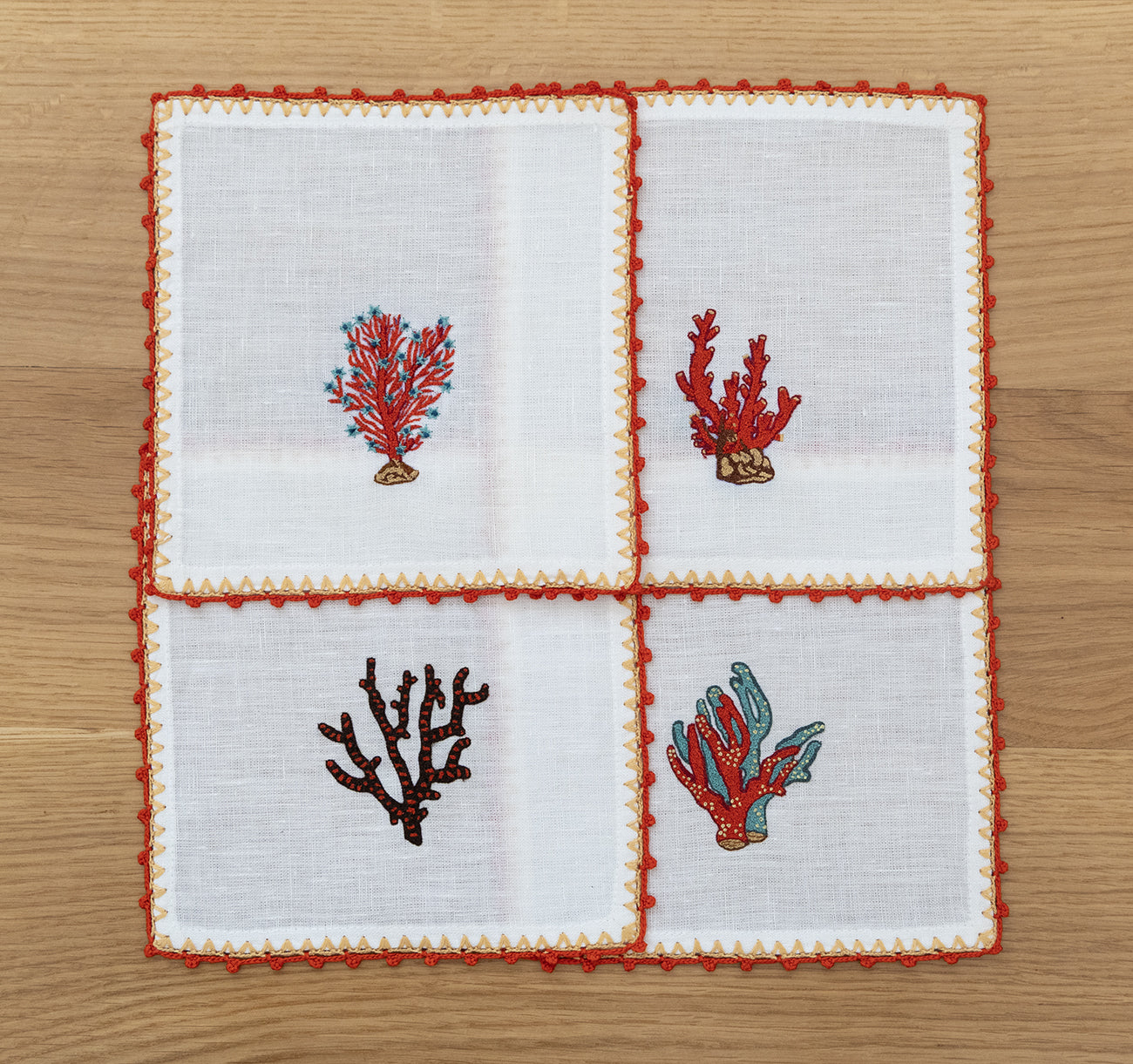 Hand Embroidered Coral Crest Cocktail Napkins 6" x 6" (Set of 4)