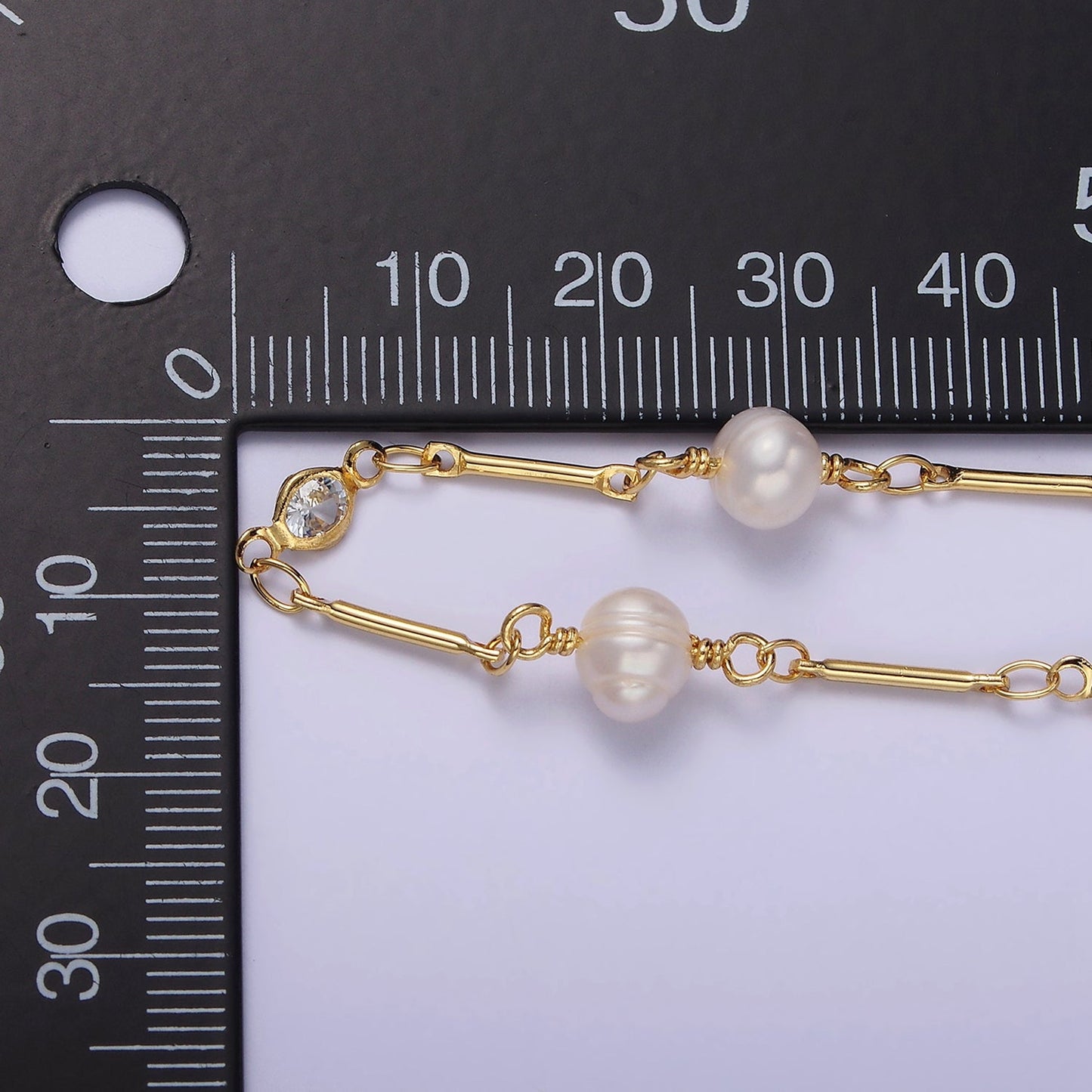 14K Gold Filled Ringed Button White Freshwater Pearl Clear CZ Unfinished Jewelry Making Chain | ROLL-1410 Clearance Pricing