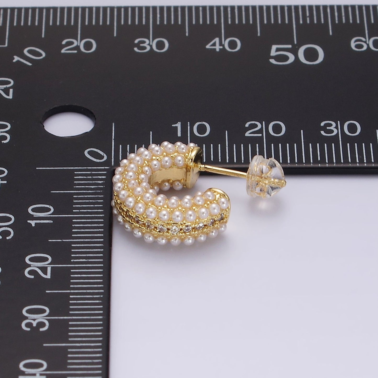 14K Gold Filled Multiple Pearl Micro Paved CZ 15mm C-Shaped Hoop Earrings in Gold & Silver | V259