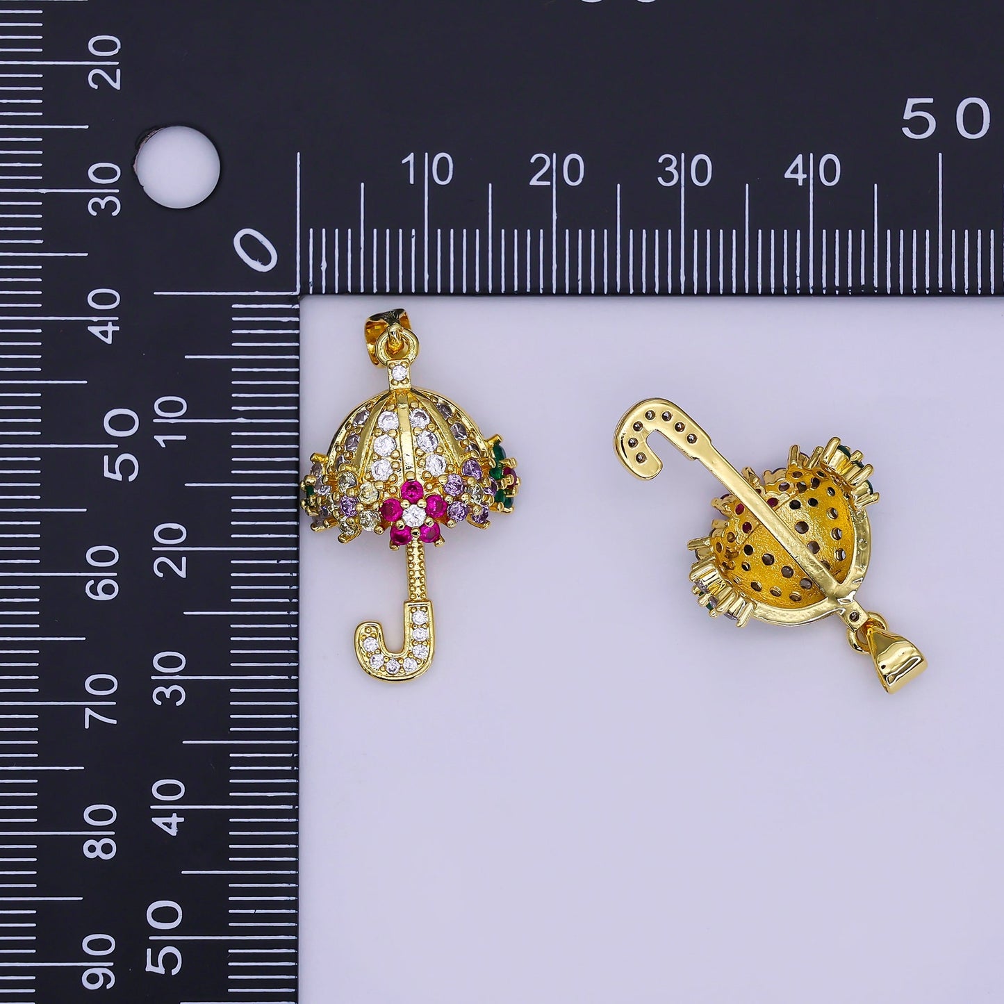 Clear Micro Paved Umbrella Multicolor CZ Flower Gold Pendant | AA019