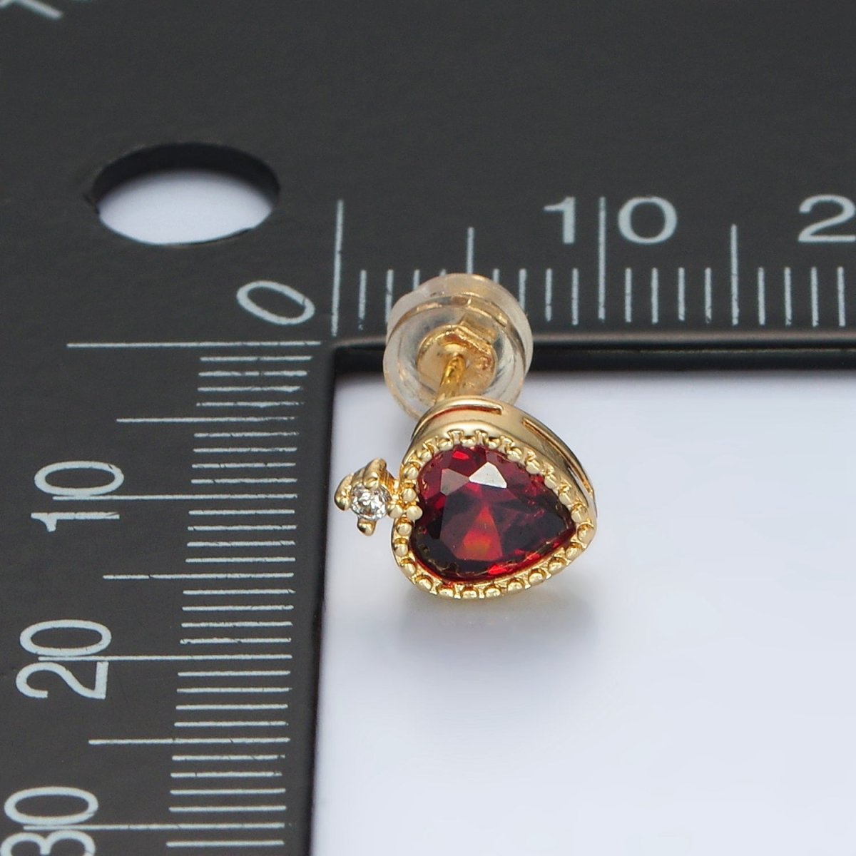 24K Gold Filled Red CZ Heart Bezel Stud Earrings