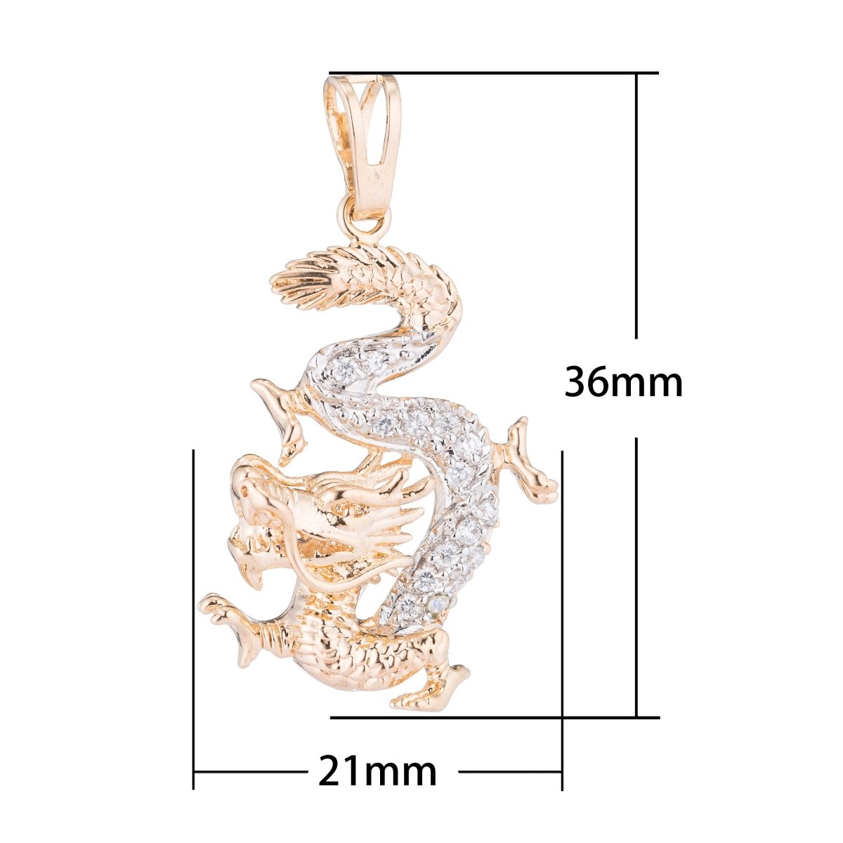 Gold Royal Dragon, Majestic, Animal, Earth, Chinese Legend, Cubic Zirconia Layering Necklace Pendant Charm Bead Bails for Jewelry Making H-702