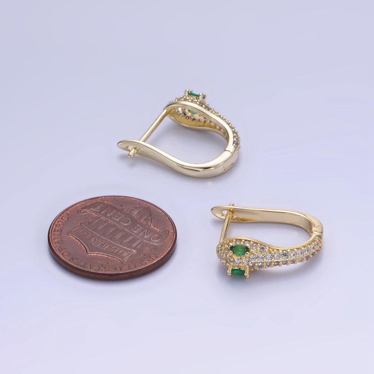 Green CZ-Eyed Micro Paved Snake English Lock Earrings in Gold & Silver | P488