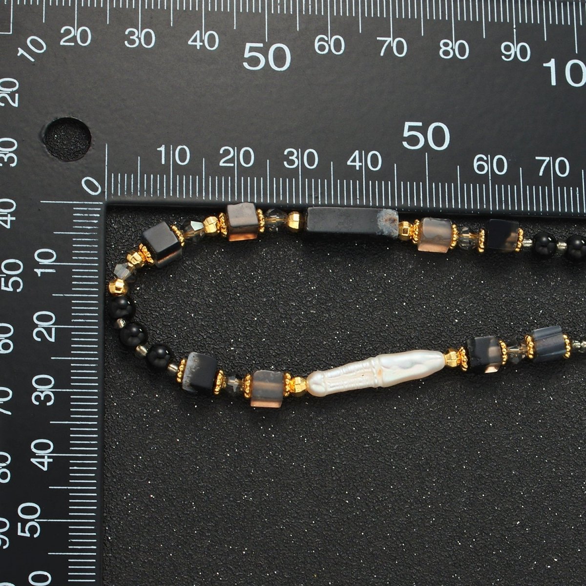 Handmade Black Onyx Beaded Chain Necklace with Mother of Pearl 14.96 Inch with Extender | WA2579