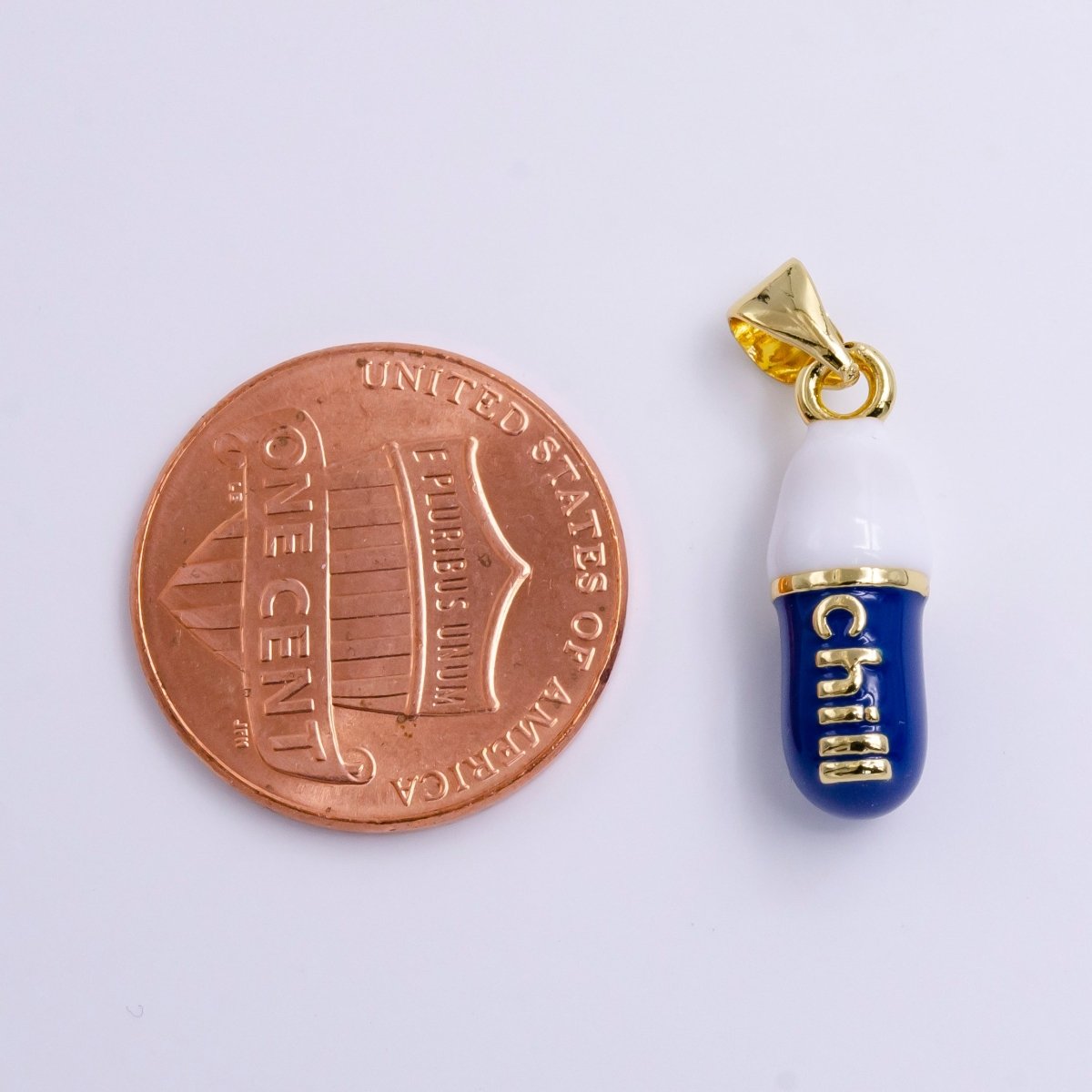 14K Gold "Chill" Script Dark Blue Enamel Oblong Pill Pendant | AA777