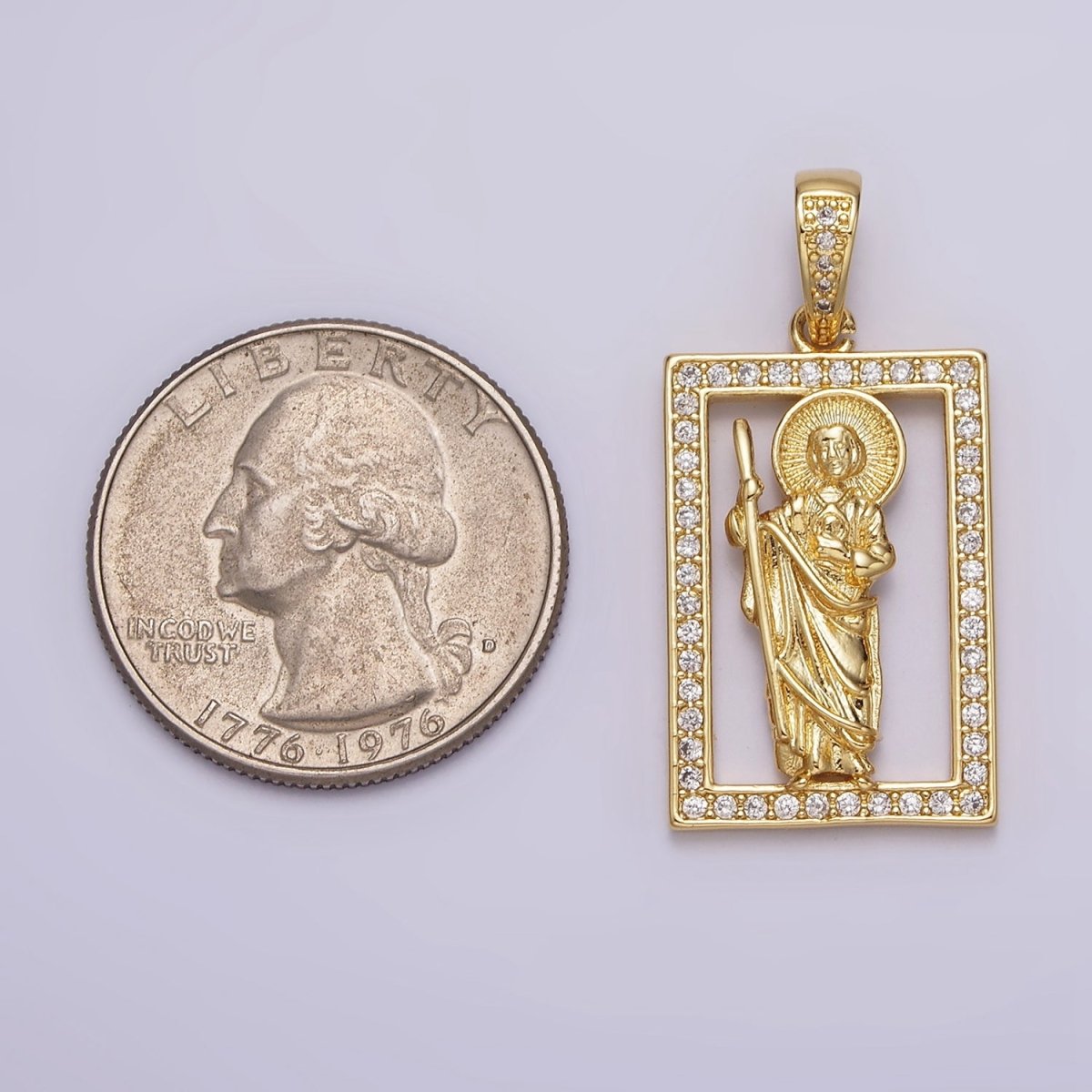 14K Gold Filed Religious Saint Jude Open Rectangular Clear Micro Paved CZ Bail Pendant | AA637