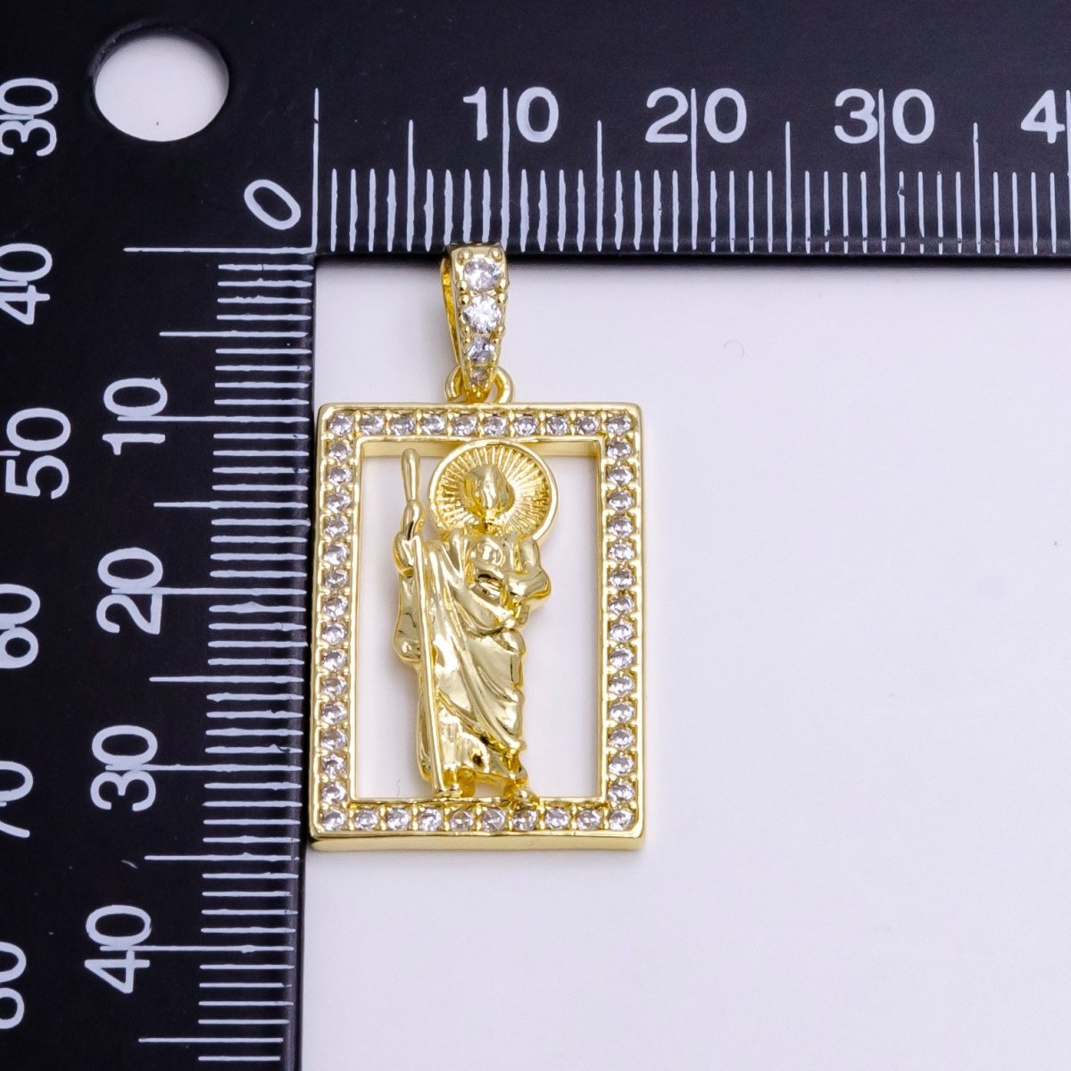 14K Gold Filed Religious Saint Jude Rectangular Clear Micro Paved CZ Bail Pendant | AA502
