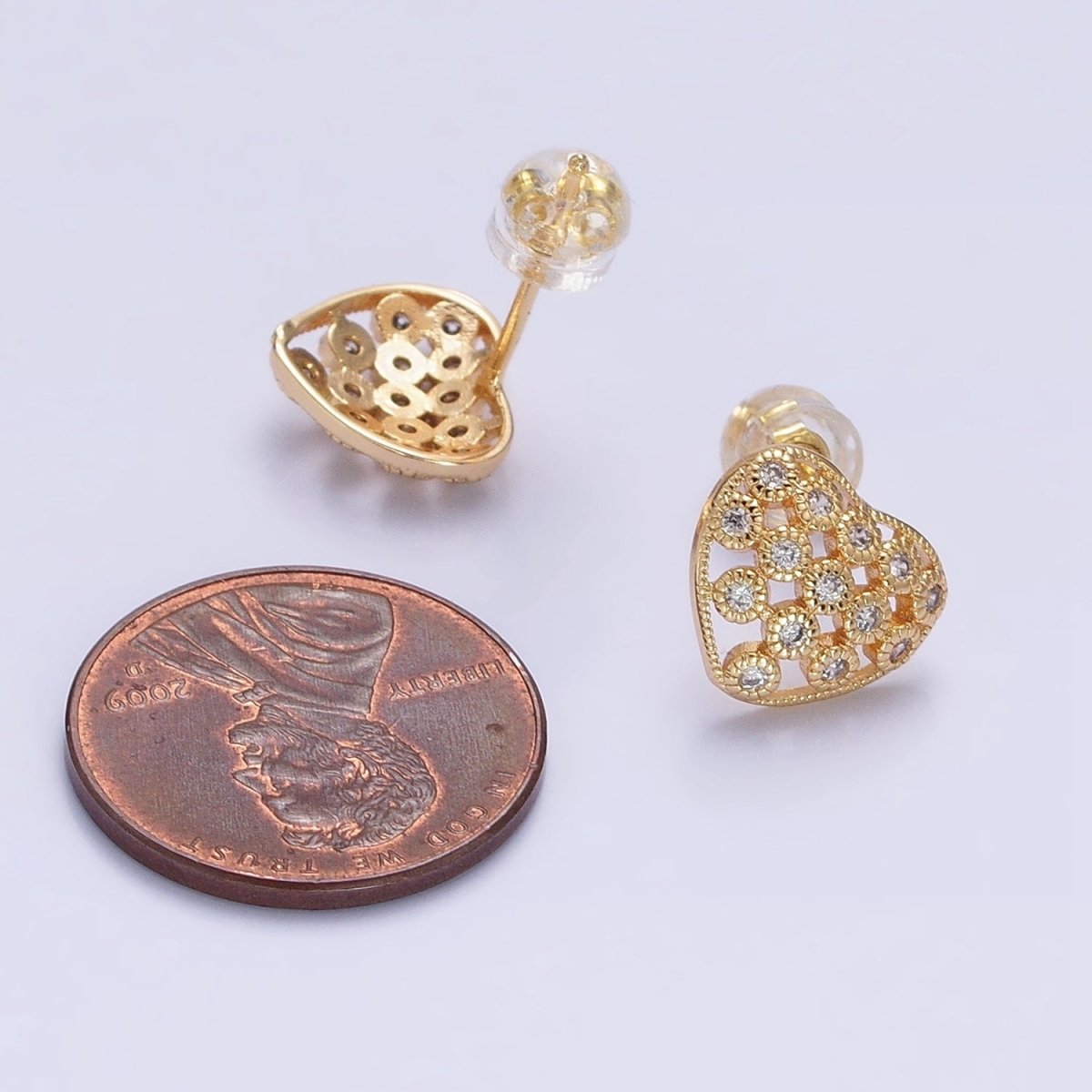 14K Gold Filled 10mm Clear CZ Lined Open Heart Stud Earrings in Gold & Silver | AB1014 AB1015