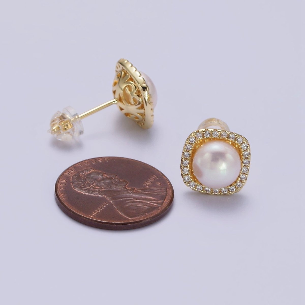 14K Gold Filled 11mm Pearl Clear Micro Paved CZ Rounded Square Stud Earrings | AE750