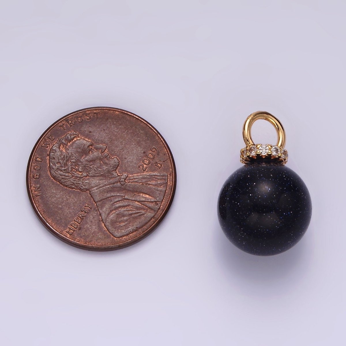 14K Gold Filled 12mm Synthetic Blue Goldstone Round Sphere Ball Micro Paved CZ Pendant | N1020