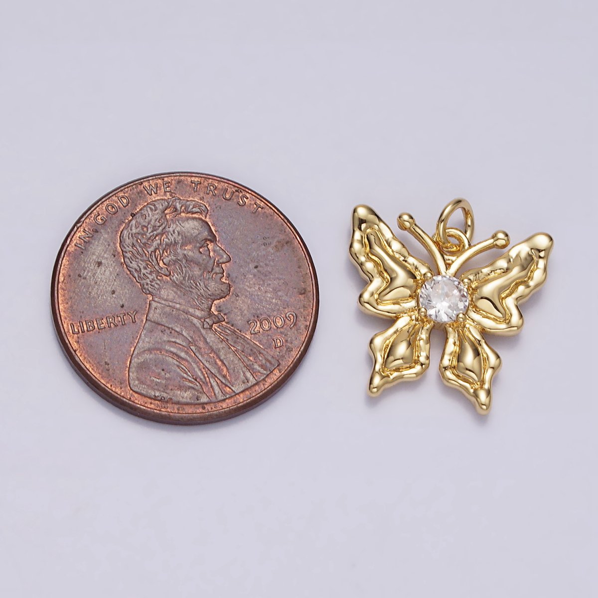 14K Gold Filled 14mm Clear Round CZ Hammered Antenna Butterfly Charm | N1494